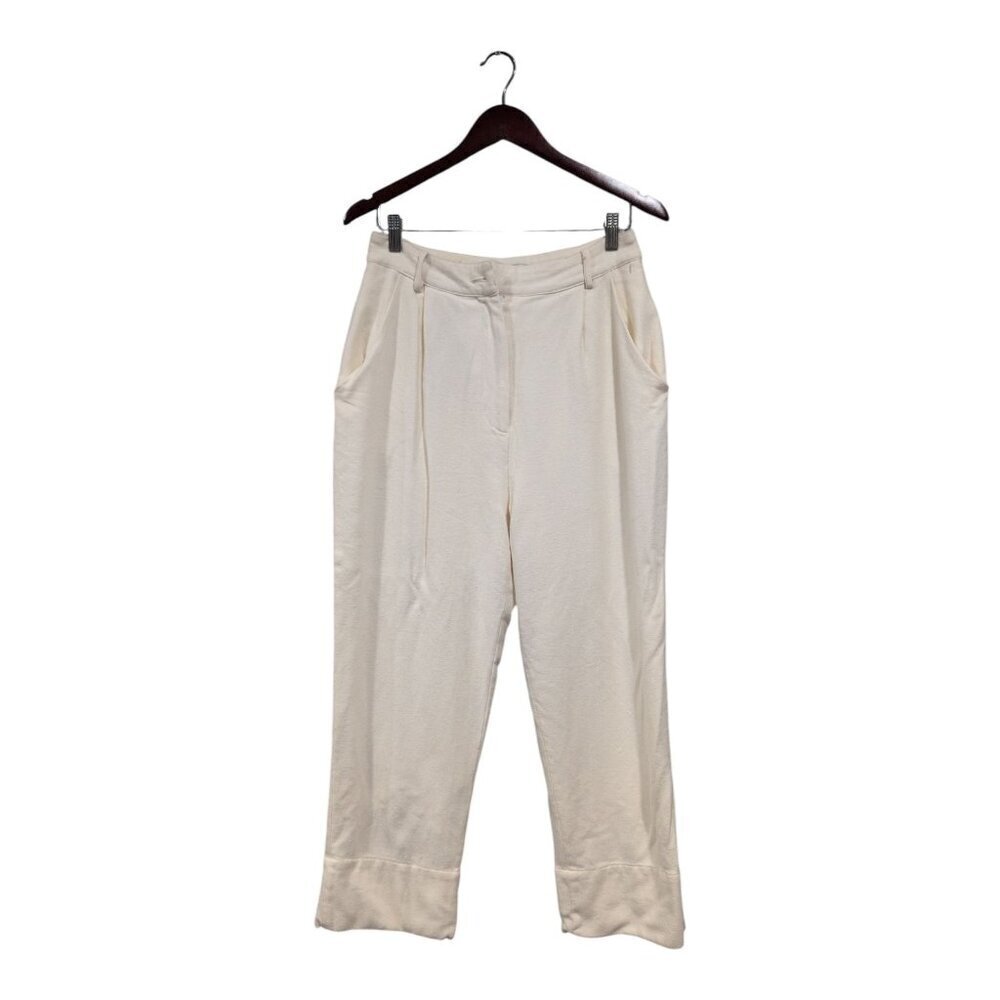 7115 By Szeki Women's Wool Blend Ivory Trouser Pants Lined Pockets Size L FLAW